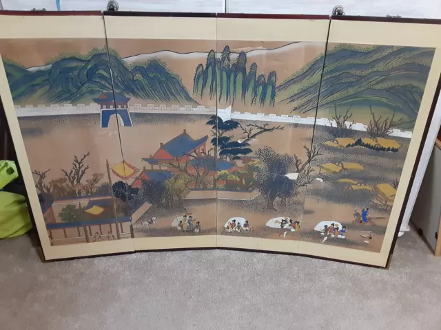 Japanese VTG 4 Panel Folding Screen Asian Byobu Painting READ DESCRIPTION