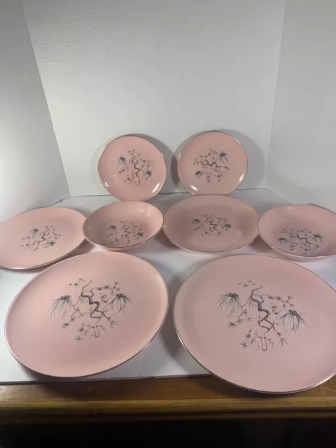 Taylor Smith Taylor~MCM~PINK DWARF PINE~Dinnerware 8pc 2 Place Settings EUC