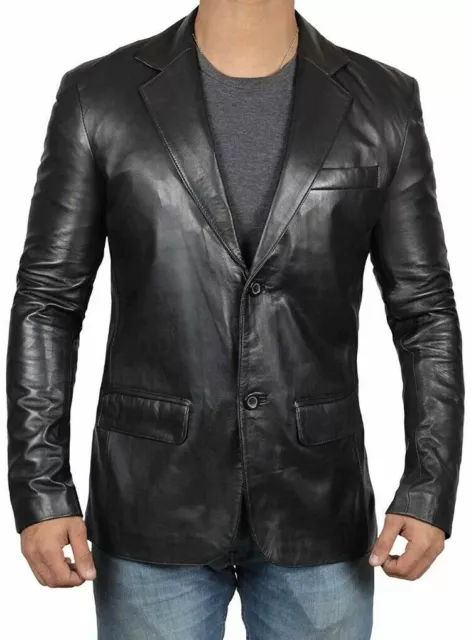 Men's Genuine Leather Blazer Biker Cowhide Motorcycle Leather Coat Jacket Black
