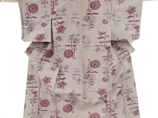 39856# Japanese Kimono / Antique Hitoe Kimono / Woven Floral Plants