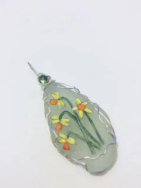 Daffodils Hand Painted English Sea Glass Pendant Necklace wire wrapping crystal