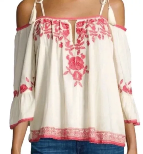 Love Sam Embroidered Ivory Pink Tassel Tie Cold Shoulder Flare Slv Peasant Top M