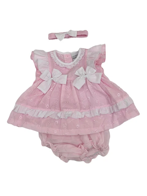 BNWT Baby Rosa da Bambina Estate Sangallo Abito Bianco Fiocchi Neonati 0-3 M 3-6
