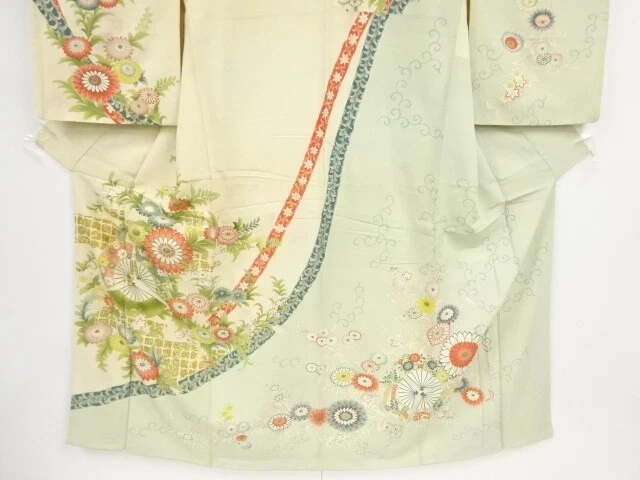 45284# Japanese Kimono / Antique Kimono / Folding Fan With Floral Plants
