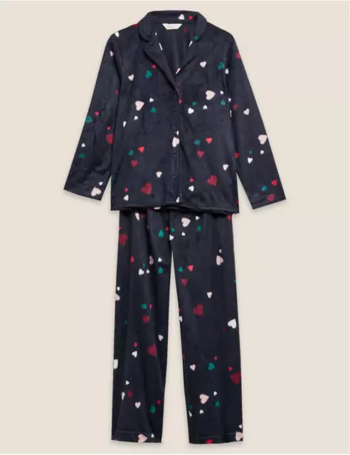M&S Collection Navy Mix Fleece Heart Print Pyjama Set