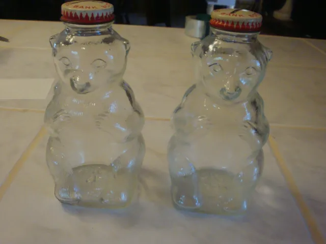 Set Of 2 Snow Crest Bank Bottle Glass Bear Used Vintage Original Caps  7”