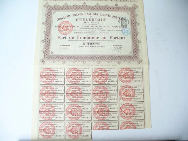 billet action titre 1894 Franco Russe Ciments de Portland Guelendjik Mer Noire