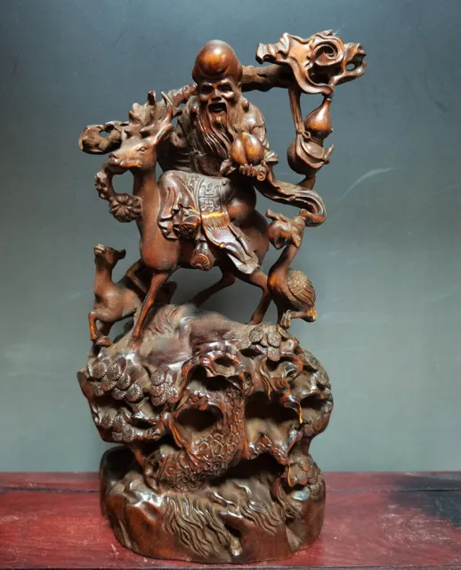 BY064-  17 X 5.5 X 8 CM  Boxwood Carving Figurine Statue :God of Longevity