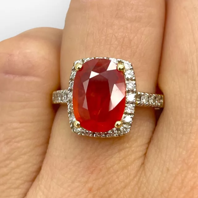 18ct Yellow Gold, Oval Padparadscha Sapphire & Round Diamond Ring, UK Size N 18k