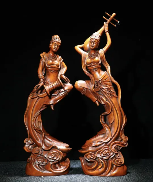 A Pair Chinese Natural Boxwood Hand Carved Exquisite Statues 15353