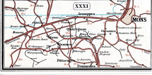 BE Mons Wasmes Quaregnon 1909 orig pt carte atlas chemin de fer Pâturages Boussu