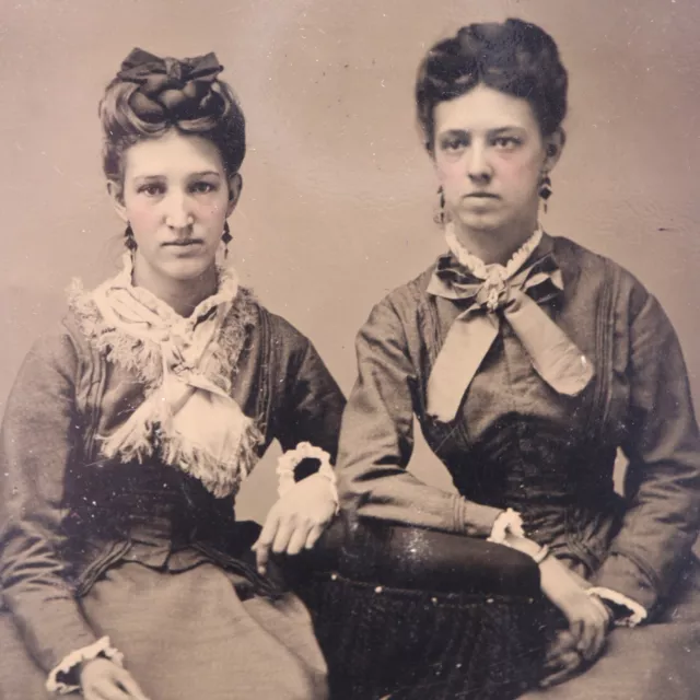 Antique Civil War Era Tintype Photograph 2 Beautiful Young Victorian Women
