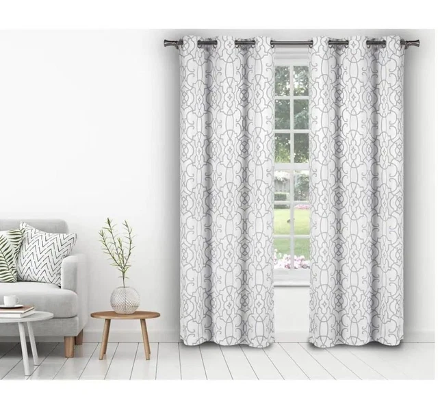 Lala + Bash Geometric Thermal Room Darkening Curtains 38 x 84 in, White & Grey