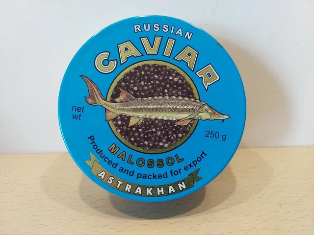 Scatola di latta vintage Russia Astrakhan Malossol. Originale. Scatola vuota.