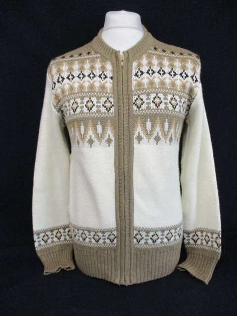 Fairisle Icelandic Zip-Up Cardigan, Cream & Brown, Medium, To Fit 38" Chest