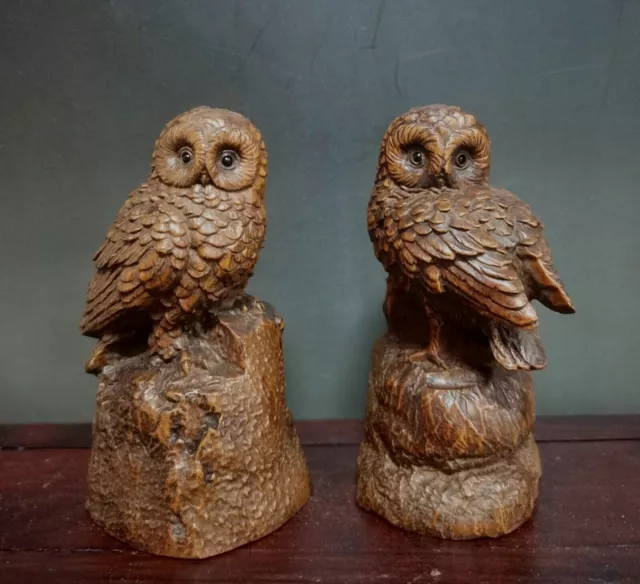 2pc China Buddha Boxwood Wood Carved Fengshui Hawk Eagle King Bird Pair Statue