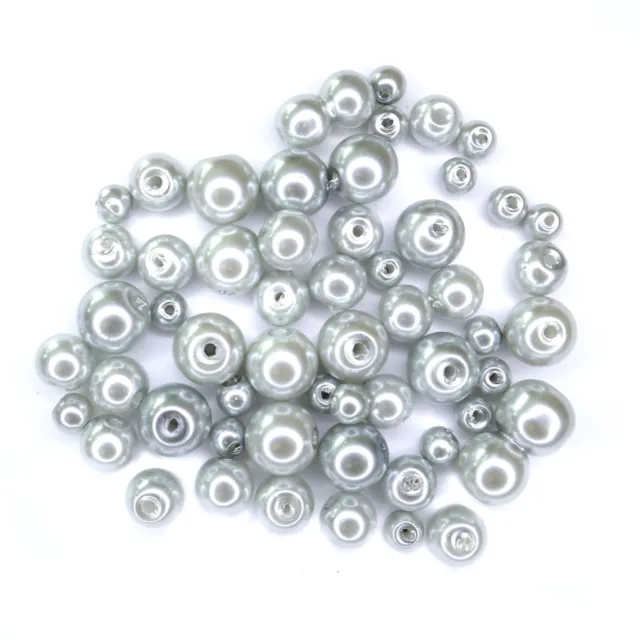 100 Silver Glass Imitation Pearl Beads - Mix of Sizes - 4mm, 6mm, 8mm - K0319