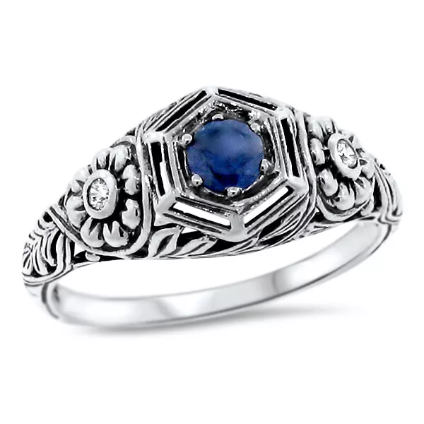 Genuine Sapphire Art Nouveau Style 925 Sterling Silver Classic Design Ring  #960