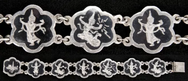 Vintage Sterling Silver Niello Thai Siam Dancer Bracelet Asian Woman Thailand