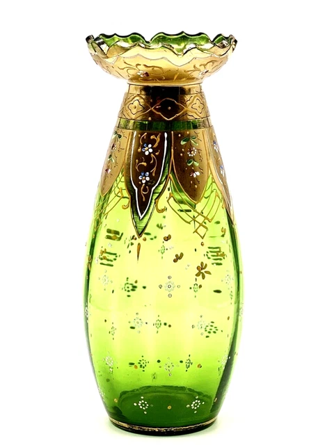 Czechoslovakia Blown Glass Vase Gold Gilt & Enamel Hand Painted Over Green