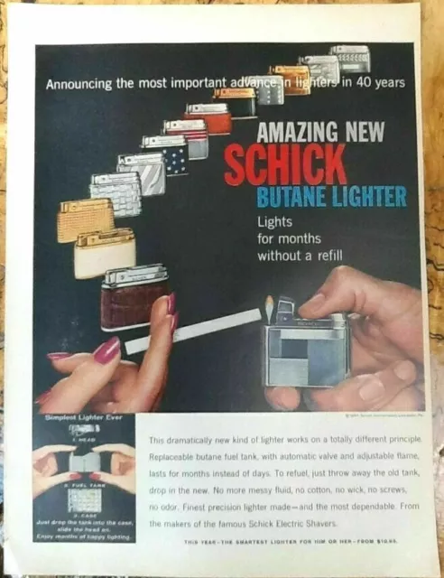 Schick butane lighter ad 1957 original vintage 1950s color print retro smoke art
