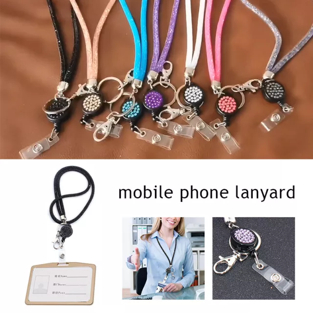 Rhinestone Bling Crystal Lanyard ID Badge Cell Phone Retractable Reel Holder Key