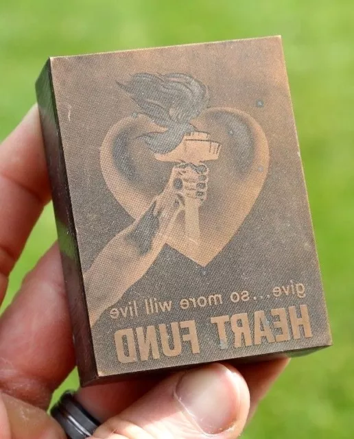 Vintage HEART FUND Hand Torch Flames Fire Blood Letter Press Type Printing Block