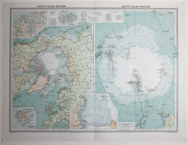 1920 Large Map North & South Polar Regions Victoria Land Spitzbergen Franz Josef