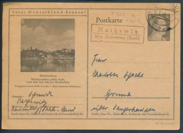 DR Ganzsache GS P307-42-13-1-B14 Bildpostkarte 1943 Landpost Rathewitz Naumburg