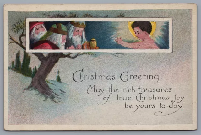 c 1910 Antique Christmas Card Postcard Jesus & 3 Wise Men Snow