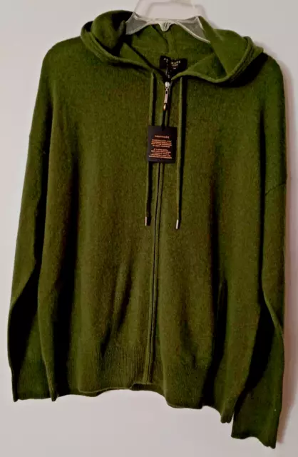 Charter Club Luxury  Cashmere Olive Green Zip-Front Hoodie Sweater Cardigan L