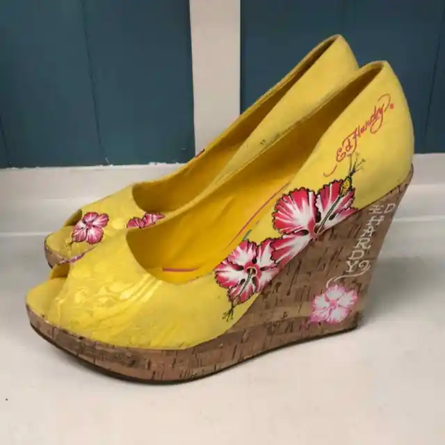 Ed Hardy Sz 9 All Over Design Butterfly Hibiscus Wedges Hawaii vibes Canvas