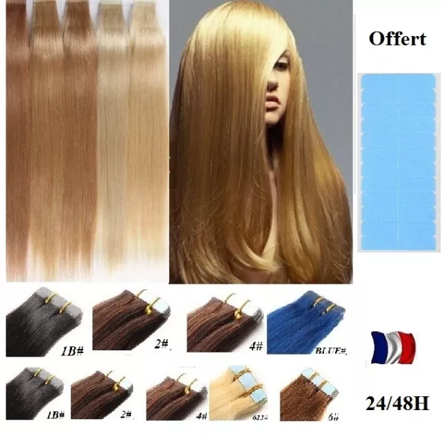 10-40 Bandes Extensions Cheveux Naturels Tape Bandes Adhésives Remy 49-60Cm 24H