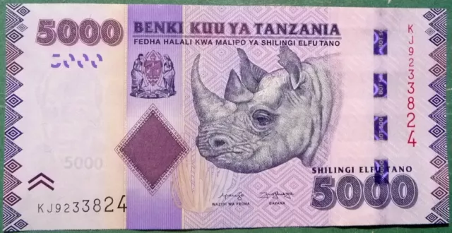 TANZANIA 5000 5 000 SHILLINGI  UNC  NOTE FROM 2020,   P43 c, RHINO