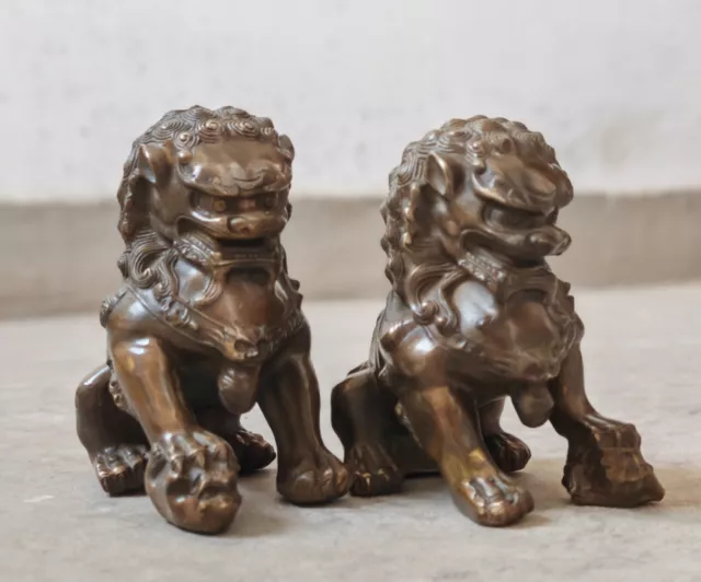 Antique Fengshui Bronze Guardian Fu Foo Dogs Lion Door Leo Statues Lions Pair