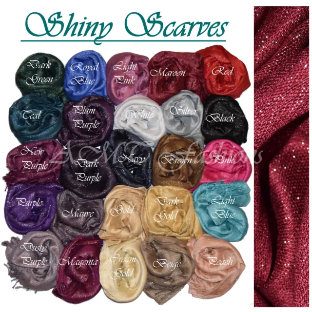 New Eid Plain Color Shiny Shimmer Glitter Sparkly Scarf Hijab Shawl Wrap Wedding