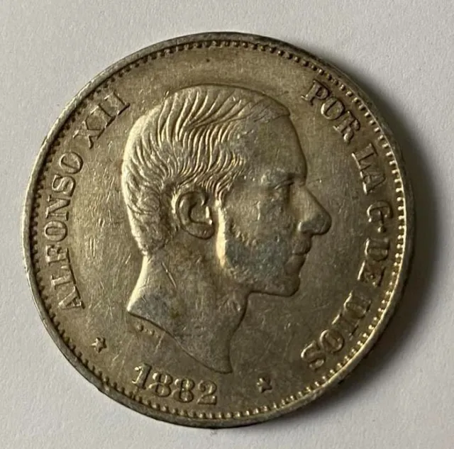 1882 Spanish Philippines 50 Centimos ALFONSO XII Rey De Espana SILVER Coin C1