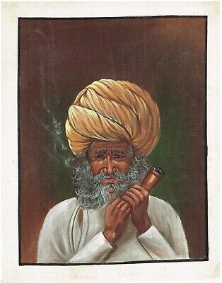Rajasthan Miniature Art Peinture De Indien Ancien Homme Fumer Sur Soie Vêtements