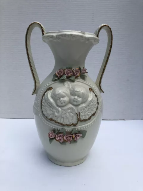 Vintage Cherub Capodimonte Roses Porcelain Vase Double 2 Handles Angels Floral