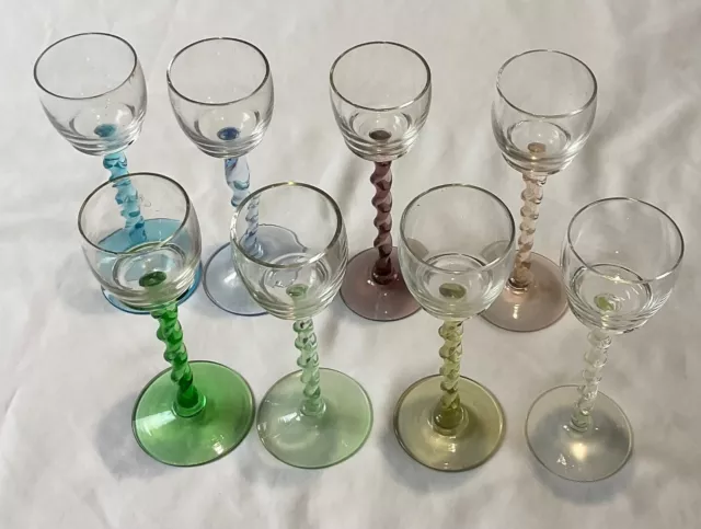 Bohemian Czech Glass 5.5" Twist Stem Multi Color Cordial Shot Glasses Set of 8