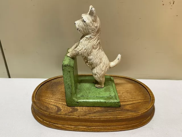 Vtg Cast Iron White Scottie Westie Terrier Dog w Green Metal Base Bookend