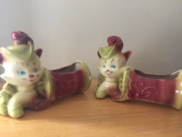 Pair Of Vintage 50s Hull Pottery Kitten Cat with Hat & Thread Spool Planter Vase