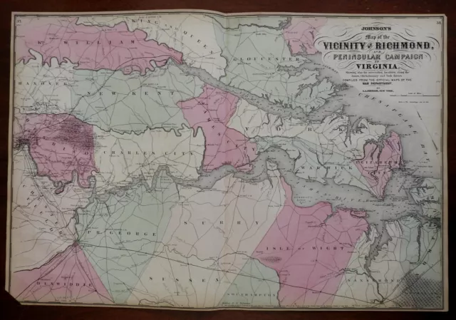 Peninsular Campaign Civil War Virginia Richmond James River 1868 Johnson map