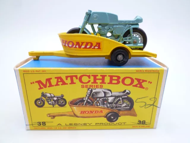 VINTAGE MATCHBOX LESNEY No.38c HONDA MOTORCYCLE & TRAILER IN ORIGINAL BOX 1968