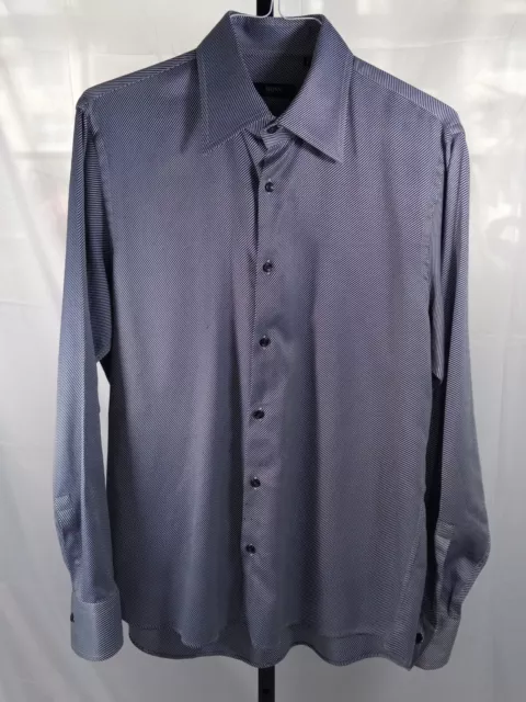 HUGO BOSS IRRIDESCENT 100% COTTON LS DRESS SHIRT 16.5/42 Blue White Herringbone