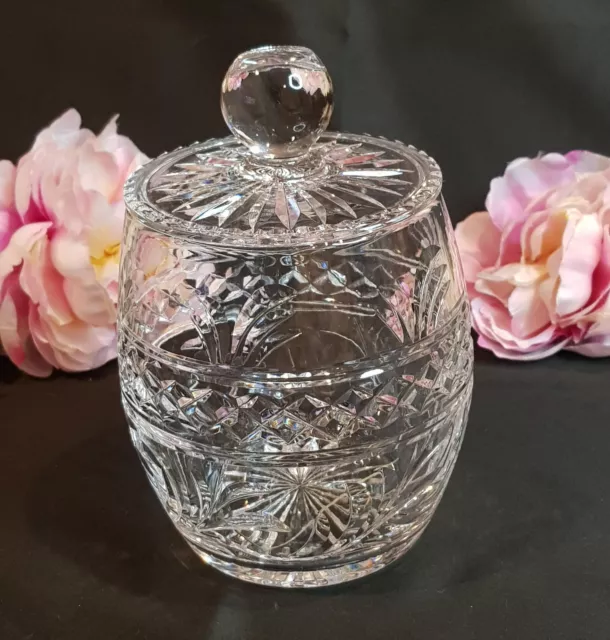 Large Heavy Stuart Lead Crystal glass Biscuit Barrel Etched Vintage 1300 Gm