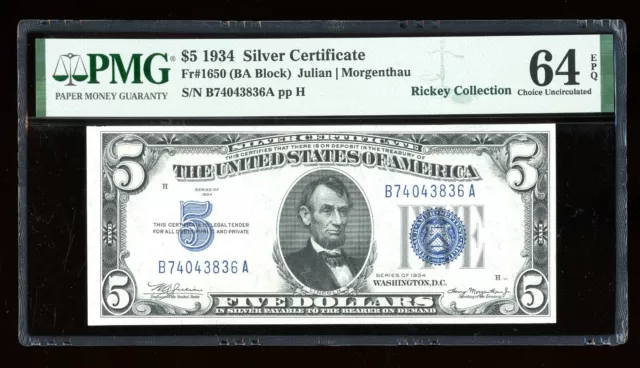 DBR 1934 $5 Silver Fr. 1650 BA Block PMG 64 EPQ Serial B74043836A