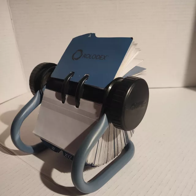 Blue Rolodex Rotary Business Card File With Cards Protectors 2.5 X 4