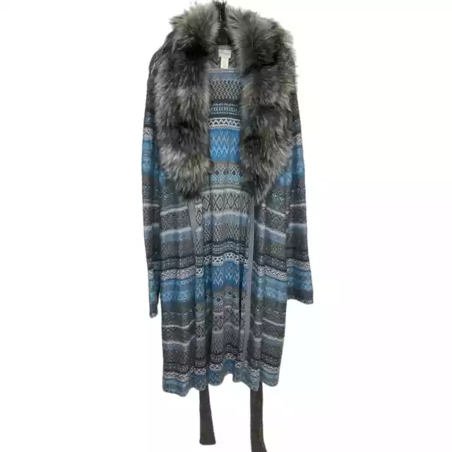 Chicos Womens Size 4/XXL Faux Fur Collar Cardigan Sweater Duster Long Belt Blue