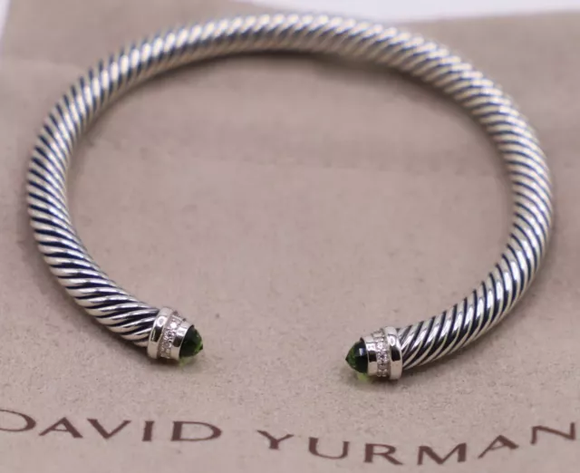 David Yurman Sterling Silver 5mm Cable Bracelet Peridot with Diamonds size S